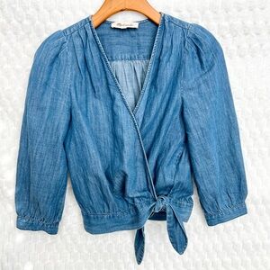 Madewell Women’s BlueDenim XS Chambray Wrap Top Shirt 3/4 Sleeve V Neck